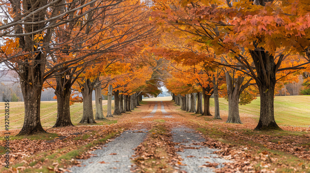 Naklejka premium long, straight road lined with trees with bright orange leaves