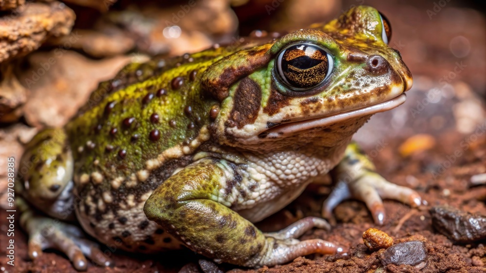 A detailed close-up of a toad, showcasing its green and brown coloration, textured skin, and captivating eyes. The toad is perched on a bed of brown earth, creating a natural and captivating image. A detailed close-up of a toad, showcasing its green and brown coloration, textured skin, and captivating eyes. The toad is perched on a bed of brown earth, creating a natural and captivating image.