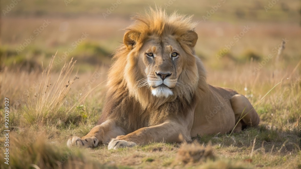 A powerful lion with a majestic mane lies in the tall grass of the African savanna, its piercing gaze and confident posture symbolizing strength, royalty, and the wild beauty of nature. A powerful lion with a majestic mane lies in the tall grass of the African savanna, its piercing gaze and confident posture symbolizing strength, royalty, and the wild beauty of nature.