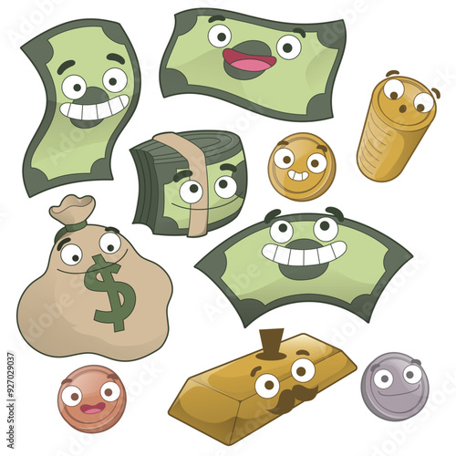 Funny cartoon illustration of money characters. Happy smiling banknotes and coins. Cash with faces. Wealth bucks bills gold bar. Flat colors. White background