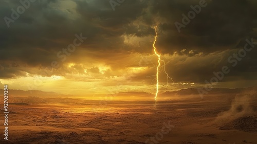 A vast, empty desert under a threatening storm, with a single lightning bolt piercing the ground.