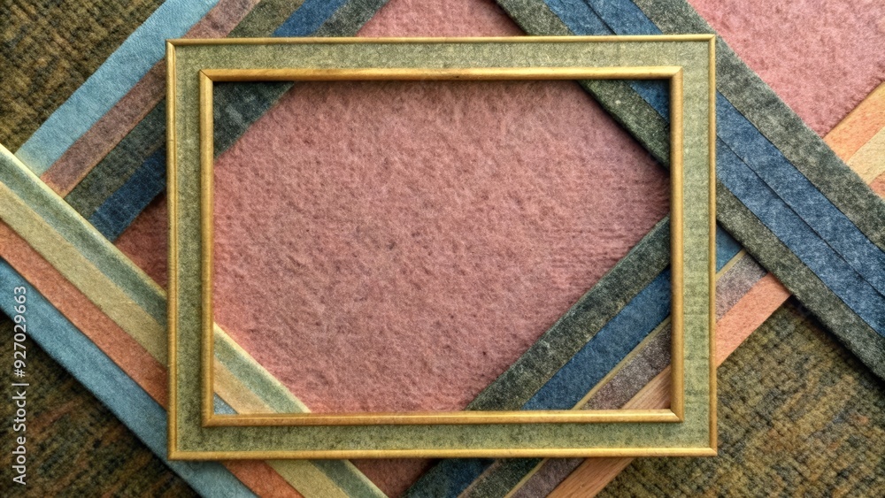Fototapeta premium A golden frame sits on a textured background of diagonal stripes in various colors, symbolizing creativity, artistic expression, and a blank canvas for new beginnings.