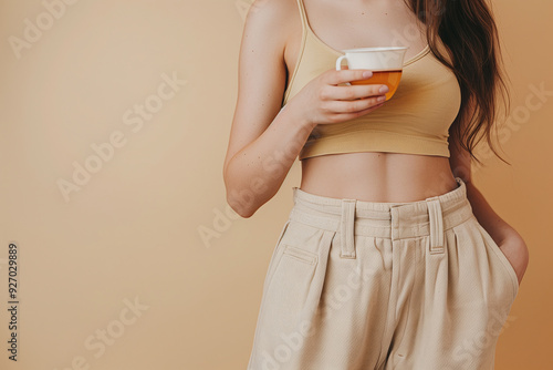 Woman with cup of diet tea on beige background