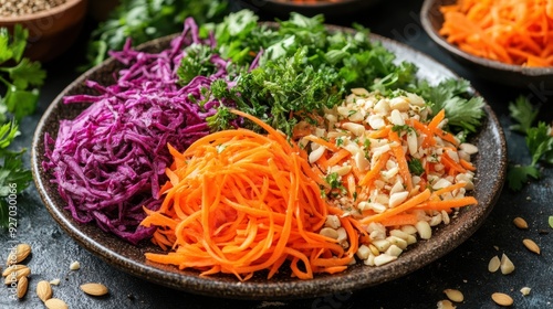 A colorful salad bowl with kidney-friendly vegetables, nuts, and seeds photo