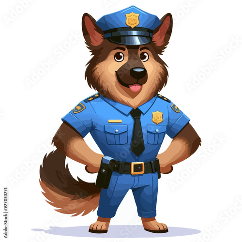 Funny shepherd dog character in blue police uniform standing on guard with paws on hips, cartoon vector illustration isolated on white background