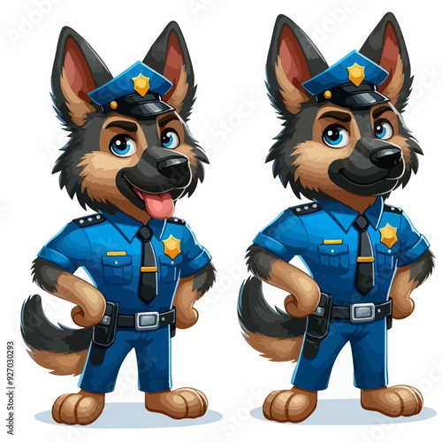 Funny shepherd dog character in blue police uniform standing on guard with paws on hips, cartoon vector illustration isolated on white background