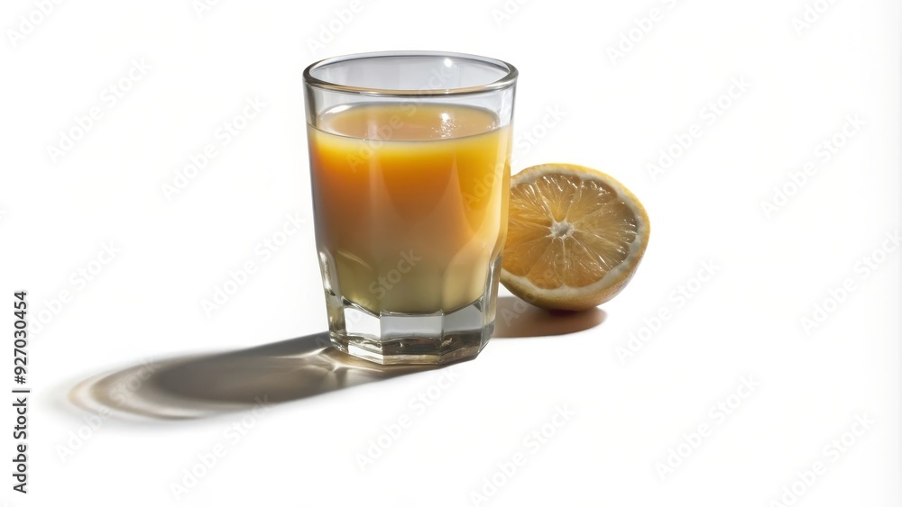 A glass of orange juice with a lemon slice beside it, symbolizing freshness, health, citrus, hydration, and vitamin C. A glass of orange juice with a lemon slice beside it, symbolizing freshness, health, citrus, hydration, and vitamin C.
