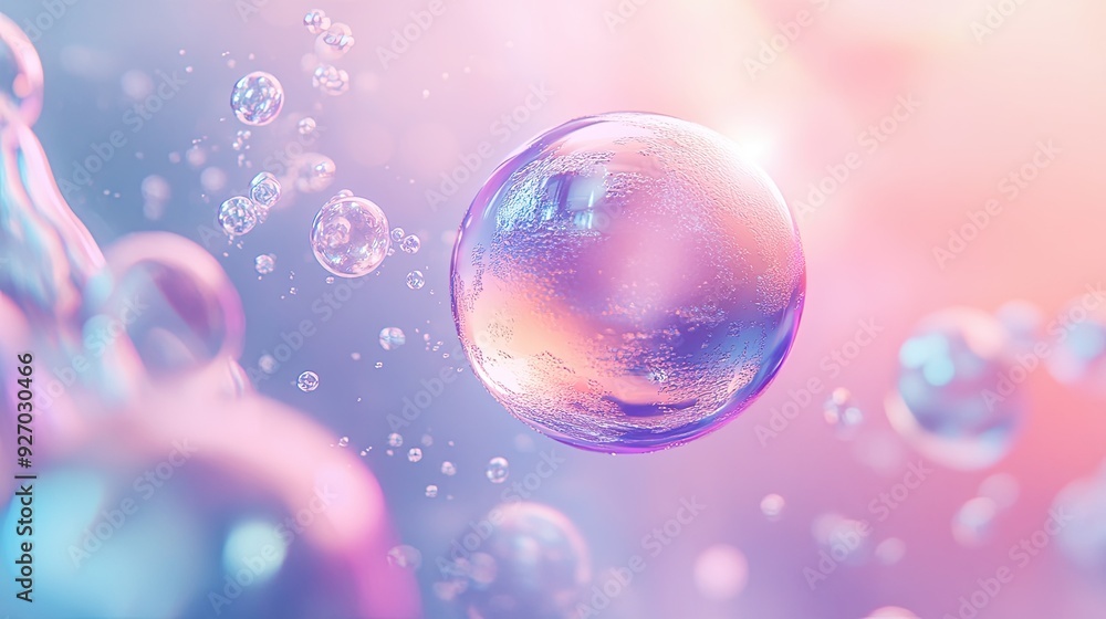 A striking surreal scene with a pink and blue abstract pastel sphere, gently floating among delicate foam bubbles, set against a soft gradient background. A striking surreal scene with a pink and blue abstract pastel sphere, gently floating among delicate foam bubbles, set against a soft gradient background.
