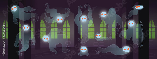 Fun Halloween cartoon illustration of skull ghosts haunting abandoned mansion. Cute frightening spirits with red eyes in haunted house castle. Horror death characters. Flat colors