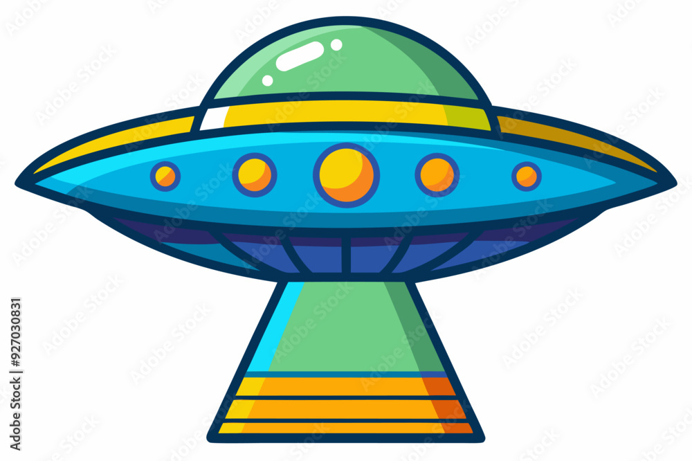 Cartoon illustration of a flying saucer with a green dome and yellow accents Cartoon illustration of a flying saucer with a green dome and yellow accents