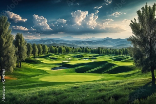 Golf Course at Sunset with Mountains in Background