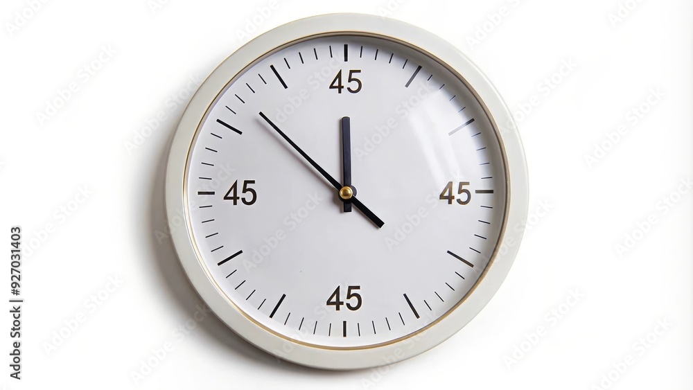 A simple white analog clock with black hands, set at 45 minutes, against a white background. It symbolizes time, punctuality, deadline, and efficiency. A simple white analog clock with black hands, set at 45 minutes, against a white background. It symbolizes time, punctuality, deadline, and efficiency.