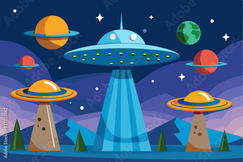 UFO Landing on a Planet with Other Spacecrafts and Stars