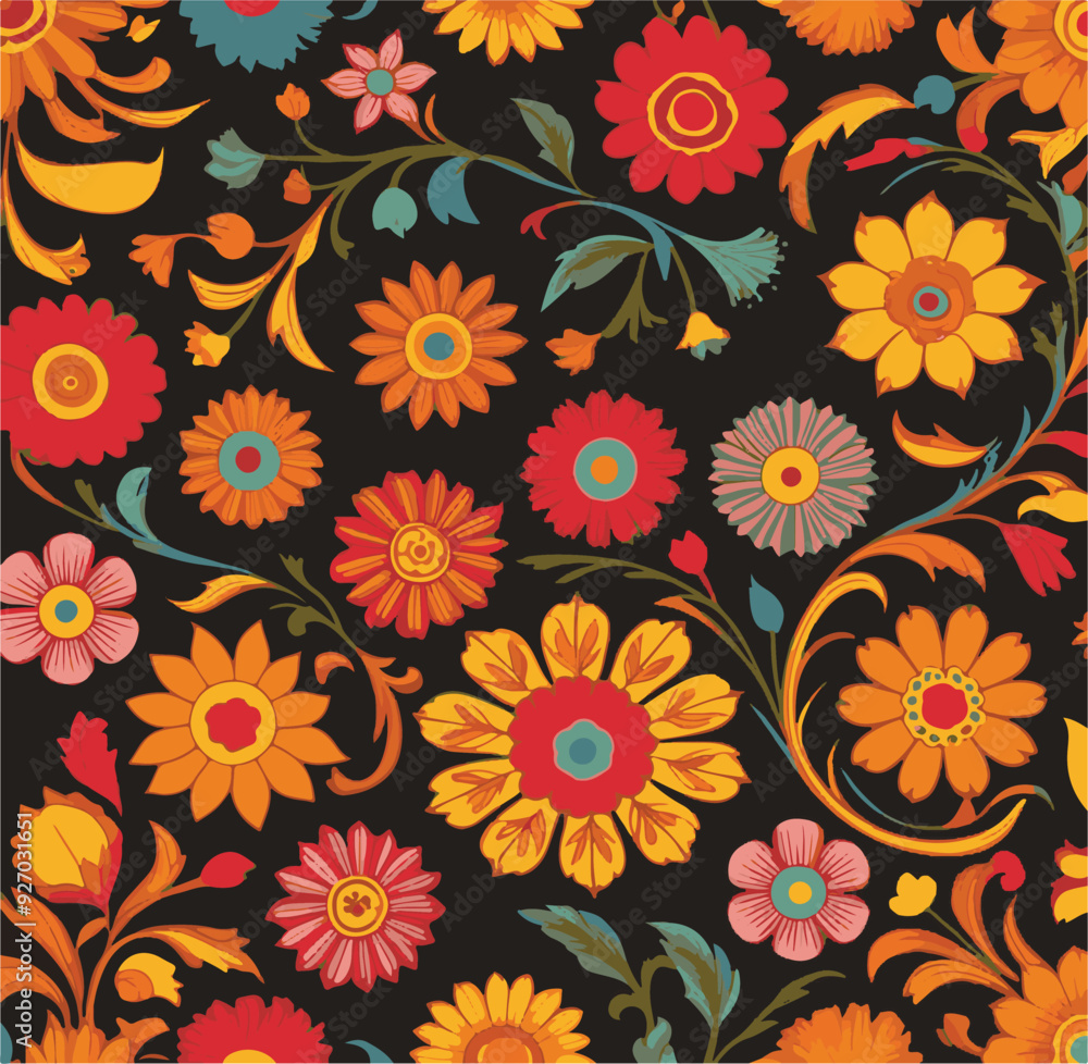 A vibrant traditional folk art pattern of colorful flowers on a dark black background. A vibrant traditional folk art pattern of colorful flowers on a dark black background.