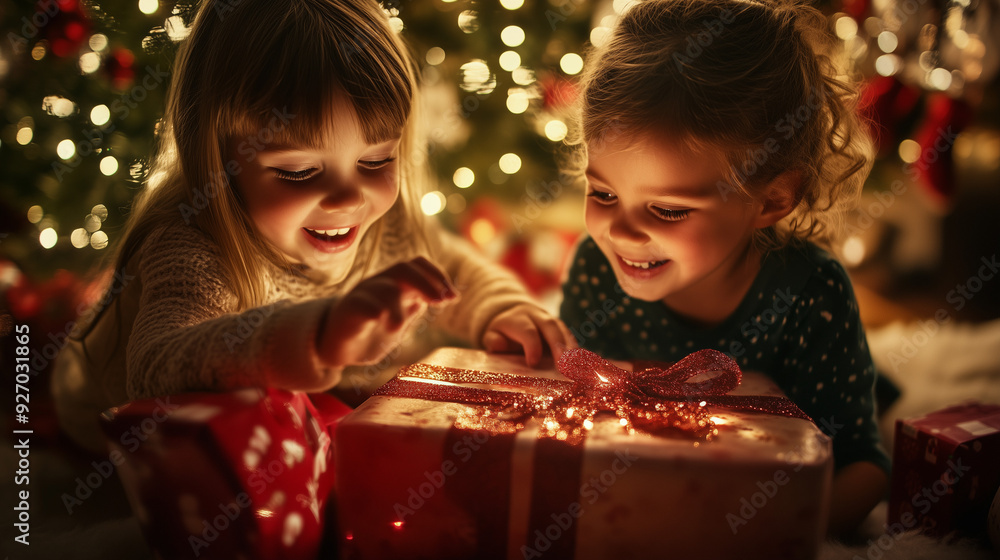 Happy kids with christmas gift Happy kids with christmas gift
