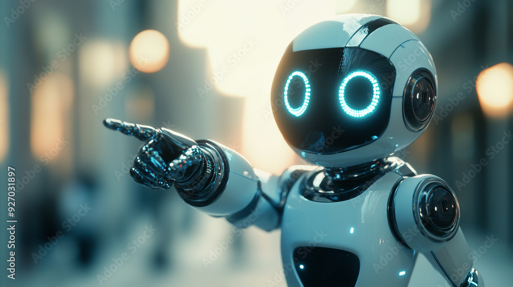 A friendly robot points forward on a bustling city street during the evening