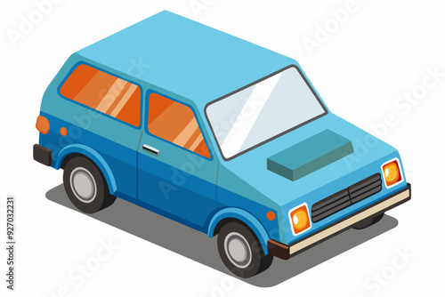 Blue Retro Car with Orange Windows and Yellow Lights