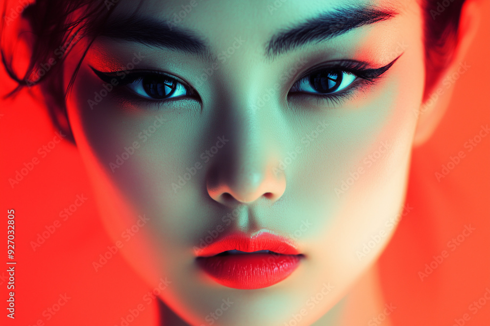 portrait of asian woman with dramatic makeup in neon light on red background portrait of asian woman with dramatic makeup in neon light on red background