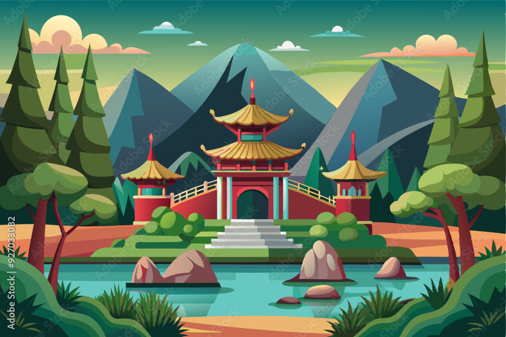 Traditional Chinese Temple in a Serene Mountain Landscape Traditional Chinese Temple in a Serene Mountain Landscape