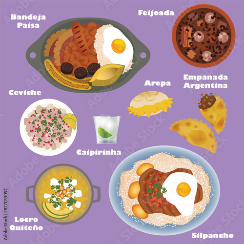 Beautiful vector illustration of iconic traditional South American dishes. Bandeja paisa feijoada arepa empanada ceviche caipirinha locro quiteño silpancho. Colorful lunch dinner foods. Flat colors