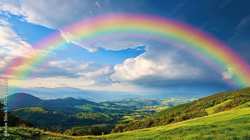 A vibrant rainbow stretching across the sky, casting its colors over rolling green fields, evoking a sense of peace and beauty in the natural world. A vibrant rainbow stretching across the sky, casting its colors over rolling green fields, evoking a sense of peace and beauty in the natural world.