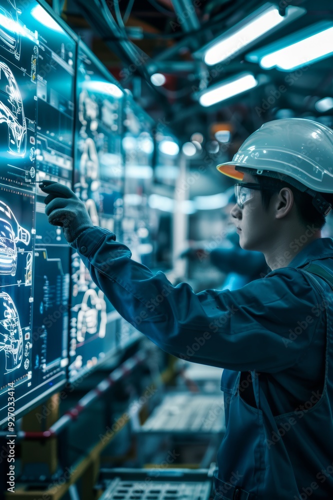Engineers Analyzing Assembly Line Efficiency with Real-Time Data in Busy Car Factory Engineers Analyzing Assembly Line Efficiency with Real-Time Data in Busy Car Factory