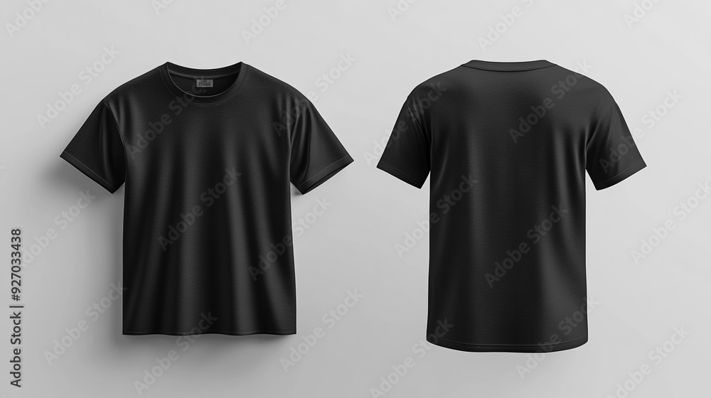 Black t-shirt displayed from front and back views against a simple background Black t-shirt displayed from front and back views against a simple background