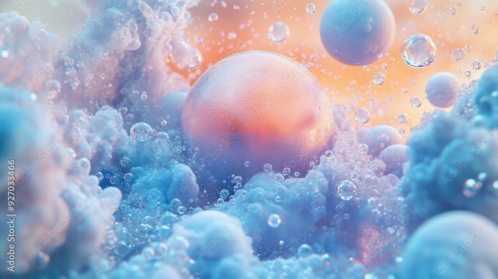 A vibrant surreal scene with an abstract pastel sphere in pink and blue, floating amidst a cascade of foam bubbles, creating a whimsical and magical environment. A vibrant surreal scene with an abstract pastel sphere in pink and blue, floating amidst a cascade of foam bubbles, creating a whimsical and magical environment.