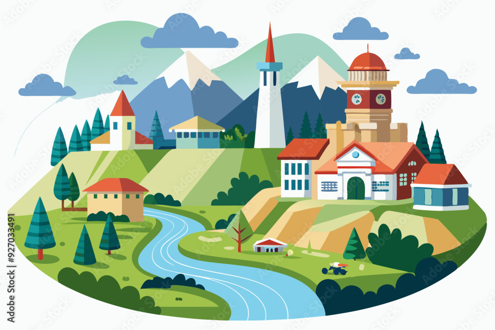 Naklejka premium Cartoon illustration of a picturesque village nestled in a valley surrounded by mountains and a river