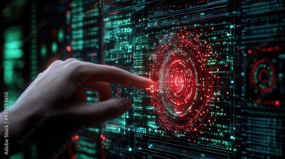 Close-up of a hand operating a digital data interface, with vibrant red and green elements, illustrating advanced technology and data control. Close-up of a hand operating a digital data interface, with vibrant red and green elements, illustrating advanced technology and data control.