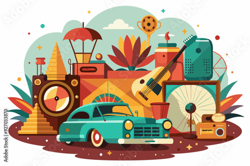 A Retro Illustration of a Classic Car with Vintage Objects Surrounding It