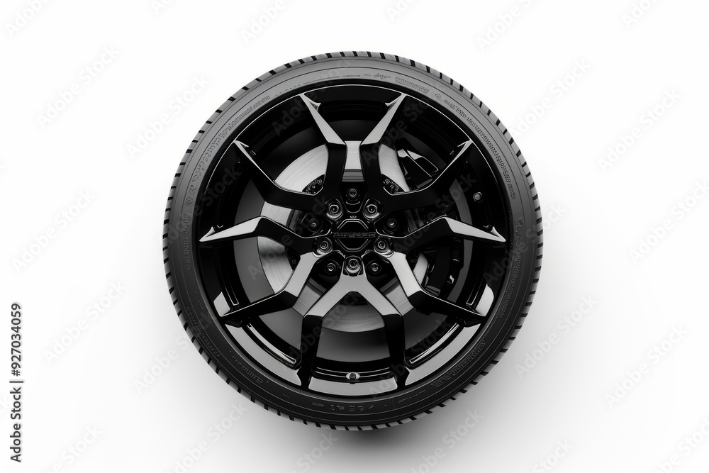 Top view of a sleek black car wheel with intricate design. This modern and stylish automotive part symbolizes precision and functionality. Suitable for automotive visuals. Generative AI Top view of a sleek black car wheel with intricate design. This modern and stylish automotive part symbolizes precision and functionality. Suitable for automotive visuals. Generative AI