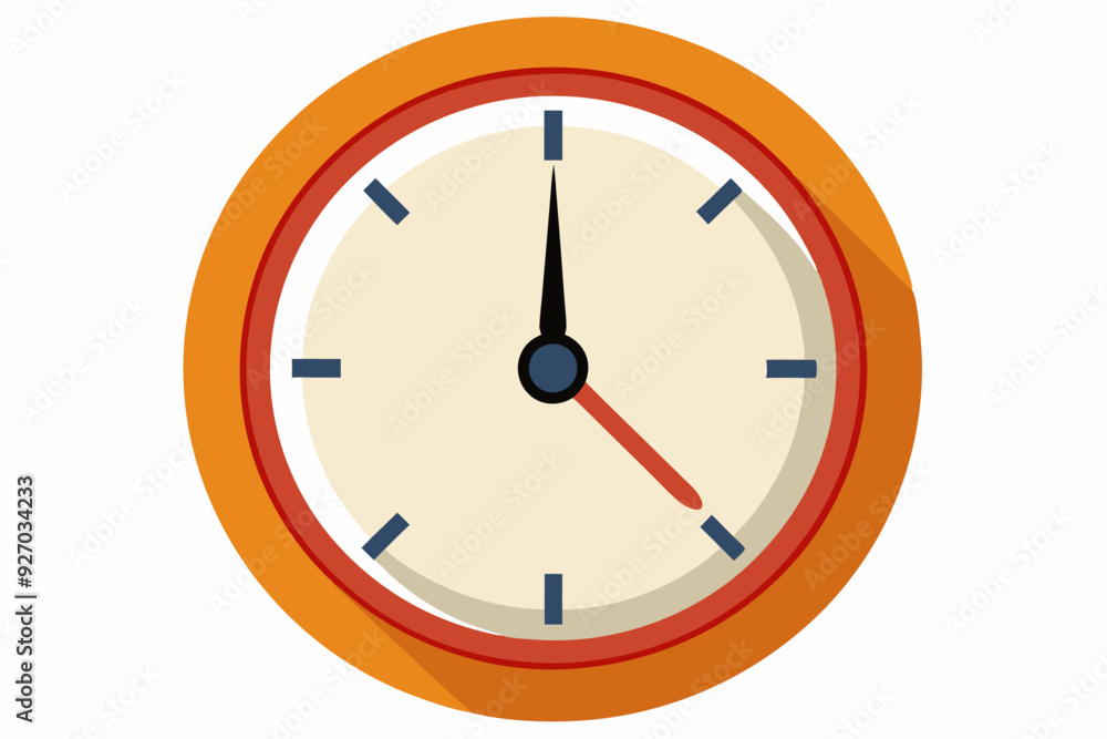 Round orange clock face with red and black hands pointing at 3:00 Round orange clock face with red and black hands pointing at 3:00