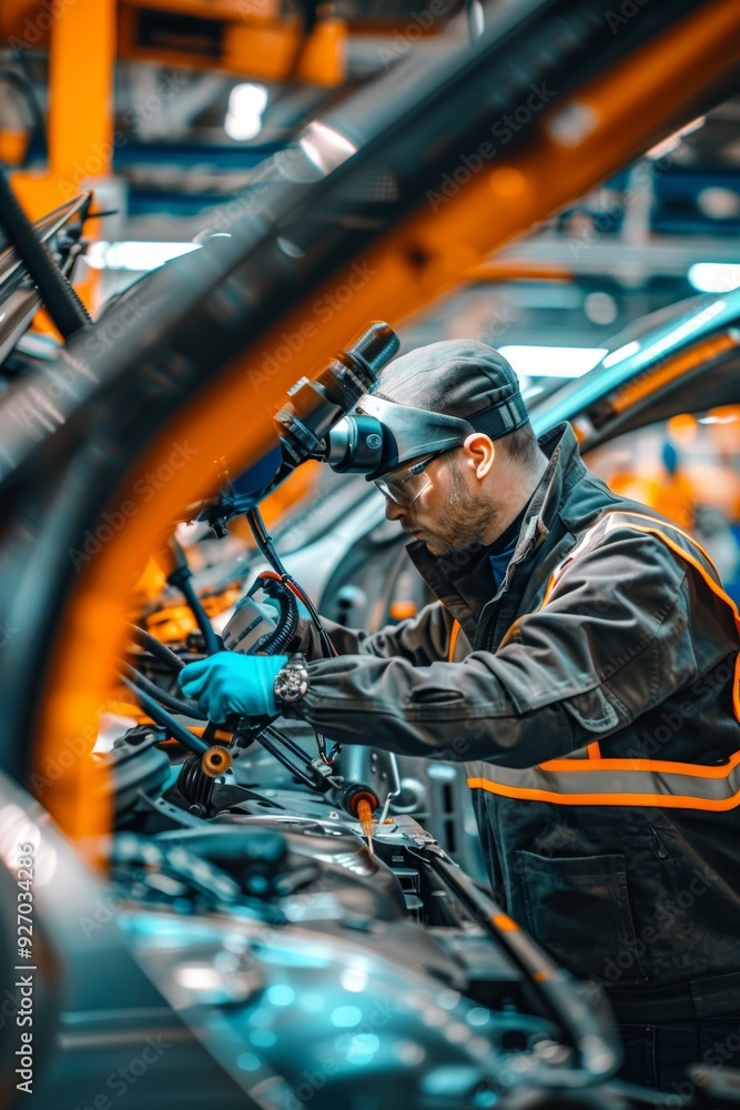 High-Tech Automotive Assembly: Engineer Using Thermal Imaging Device for Car Components Inspection High-Tech Automotive Assembly: Engineer Using Thermal Imaging Device for Car Components Inspection