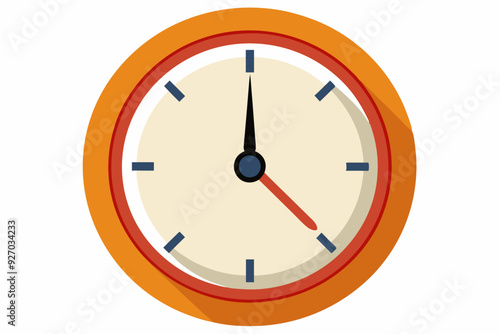 Round orange clock face with red and black hands pointing at 3:00