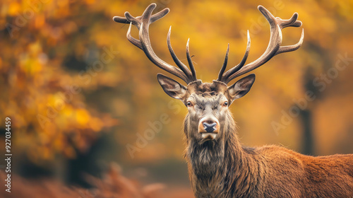 red deer stag with large antlers in a forest with yellow leaves