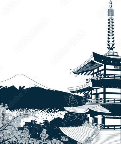 Tokyo travel background illustration image. there are palaces, cherry blossom trees, cities, and mount fuji.
