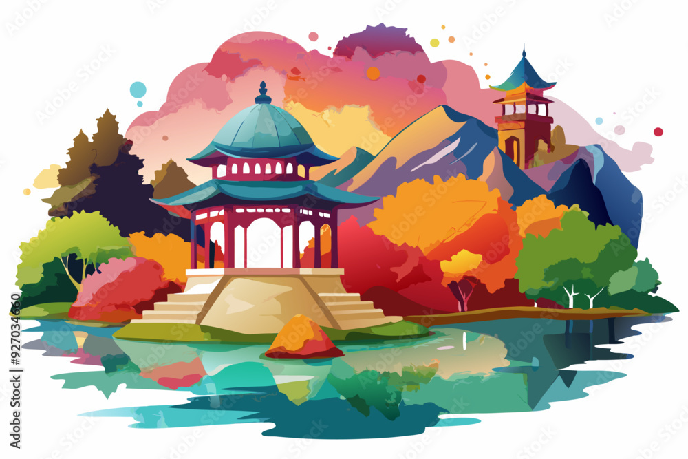 Fototapeta premium Pagoda and Temple in a Serene Asian Landscape