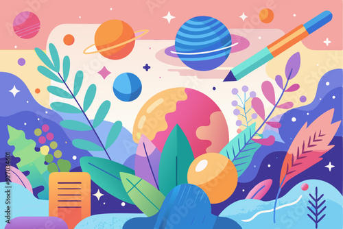 Abstract Illustration with Planets, Leaves, and a Pencil