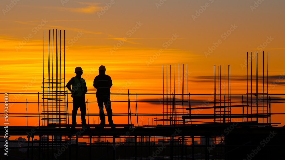Silhouette of Engineer and worker on building site, construction site at sunset in evening time Silhouette of Engineer and worker on building site, construction site at sunset in evening time