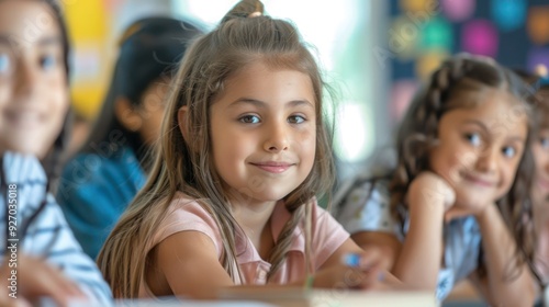 Happy schoolgirls learn together during class at elementary school. 