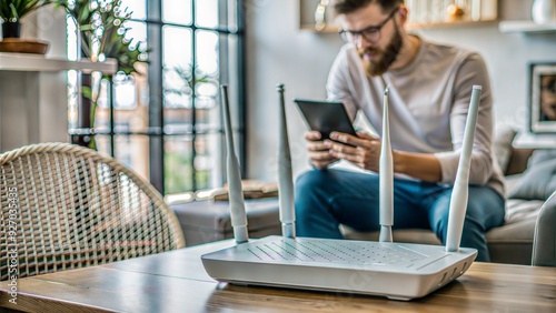 modern dual band wireless router man working