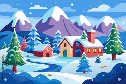 Snowy Winter Landscape with a House and Pine Trees