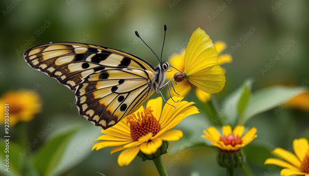 A butterfly is sitting on a yellow flower A butterfly is sitting on a yellow flower