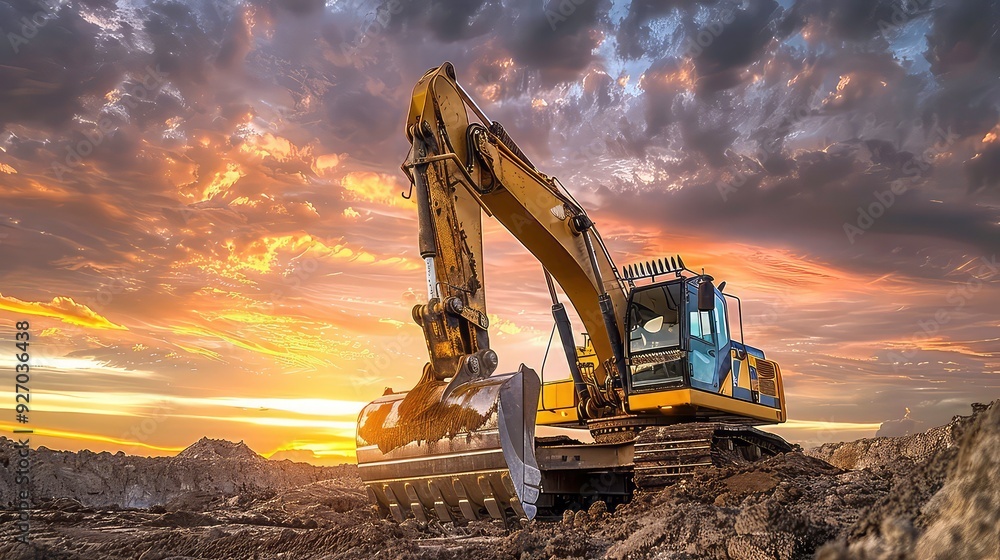 A yellow excavator with its bucket lowered, stands in a dirt pit against a vibrant sunset sky.