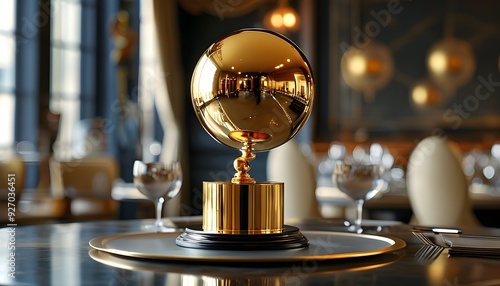 The exquisite golden trophy is located in the center of the elegant dining table with the exquisite restaurant environment in the background. photo