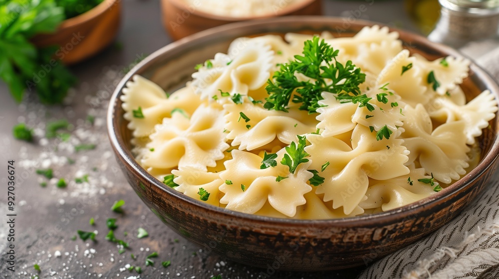 A pasta, also known as bow tie pasta, served with creamy Alfredo sauce and sprinkled with parsley A pasta, also known as bow tie pasta, served with creamy Alfredo sauce and sprinkled with parsley