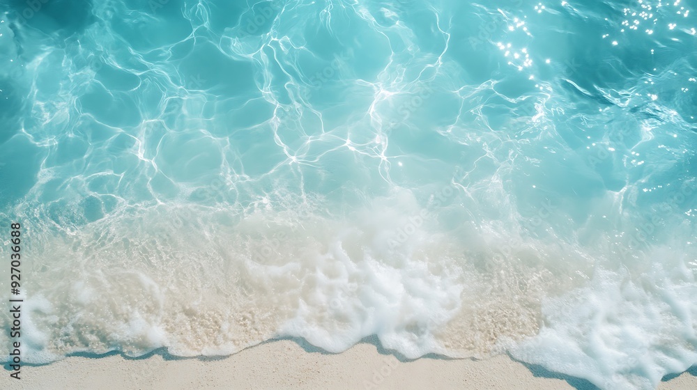 Closeup of turquoise ocean water with white foam crashing on sandy beach. Closeup of turquoise ocean water with white foam crashing on sandy beach.