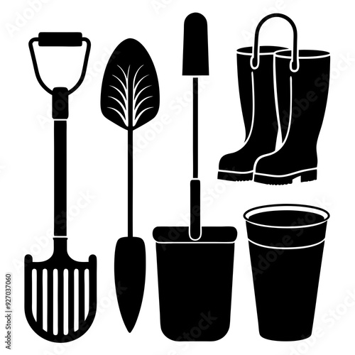 A set of gardening items gloves boot shovel on white background silhouette vector illustration