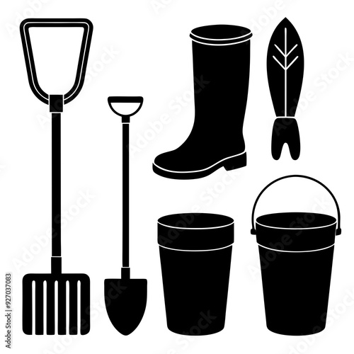 A set of gardening items gloves boot shovel on white background silhouette vector illustration